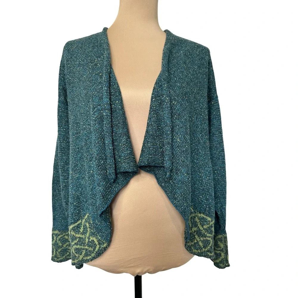 Bill Baber Cardigan Teal Celtic Knot Handmade One Size Scotland Open Front Knit